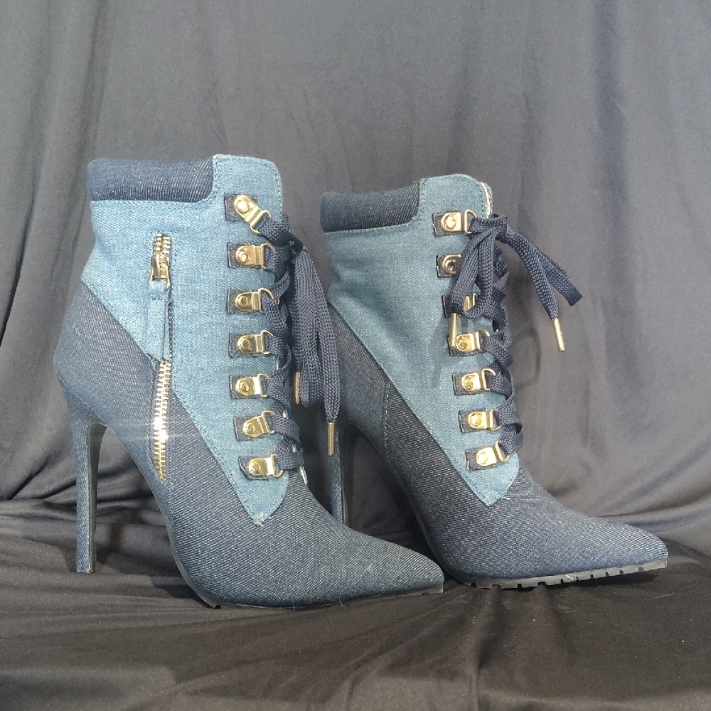Stylish Denim Ankle Boots with Gold Accents